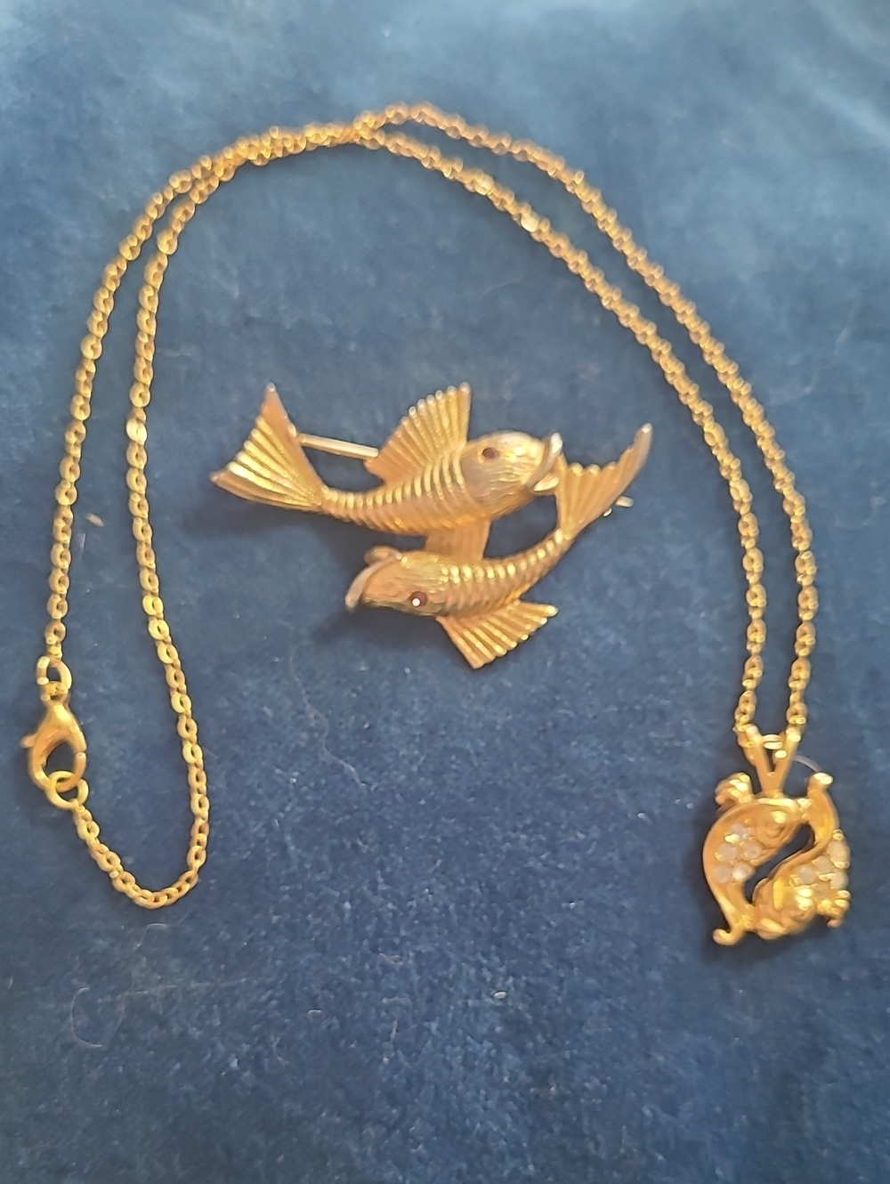 2/$22 Vintage Goldtone Koi Fish Brooch, Red Eyes & New Fish Pendant On Chain